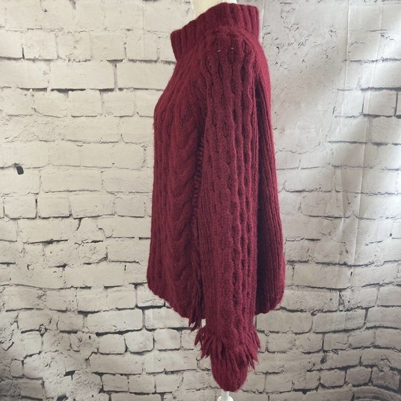 Eleven Six Sweater Womens Large Lorena Fringed Cable Knit Alpaca Blend Burgundy - Picture 2 of 11